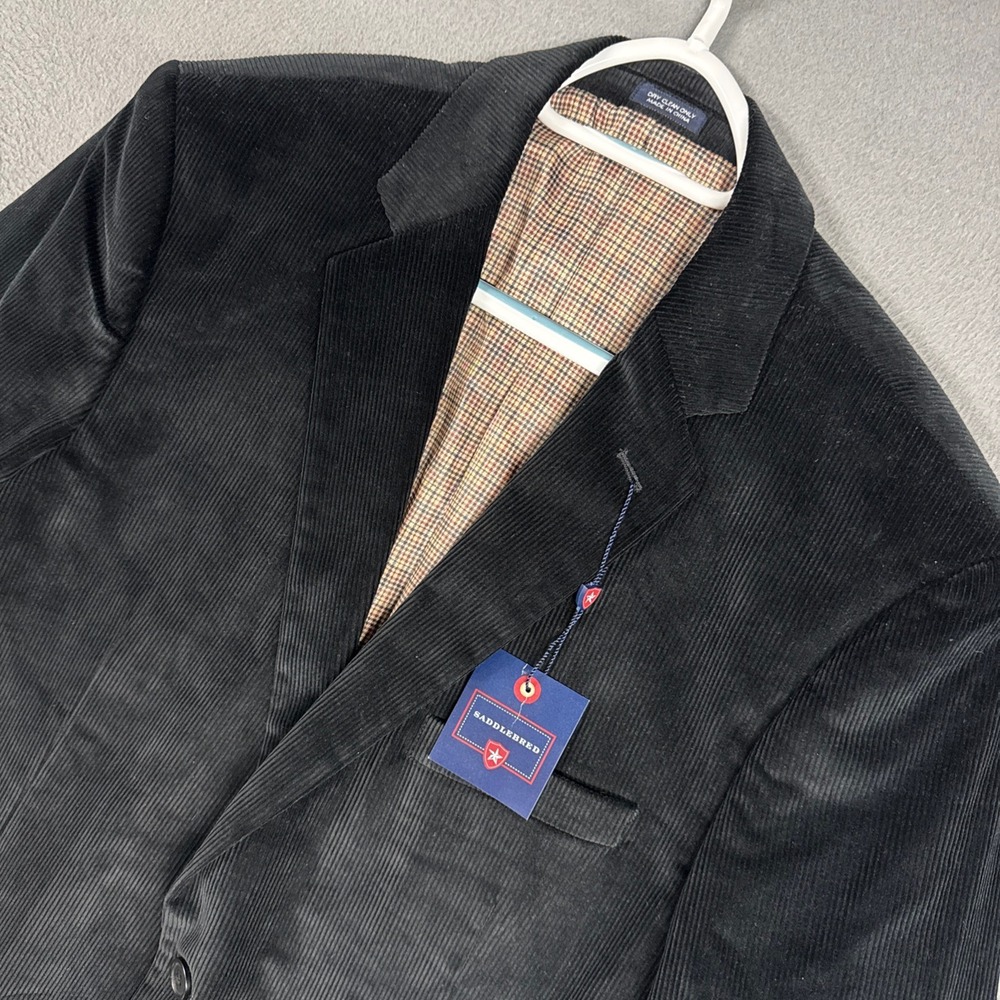 Saddlebred Corduroy Blazer Mens 42L Black Classic Two Button Plaid Lined NWT